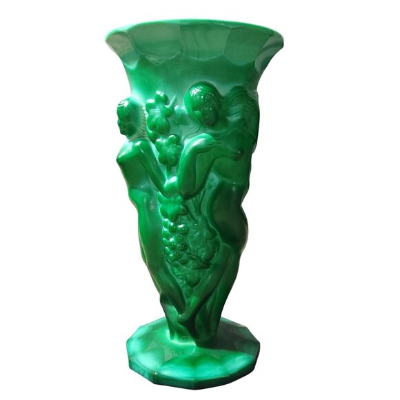 Ingrid Vase Czech Malachite Curt Schlevogt 1930s Grape Harvest Figural Gablonz - Picture 5 of 12
